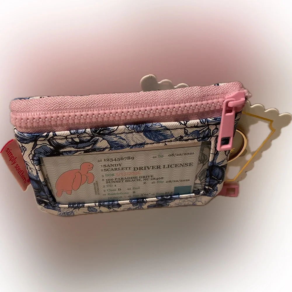 Simply Southern Blue Floral ID Holder with Duo Pink Zippers & outside pocket.